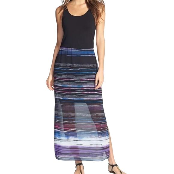Vince Camuto Rich Black Chiffon Overlay Sweep Stripe Maxi Dress 1X - Picture 1 of 8